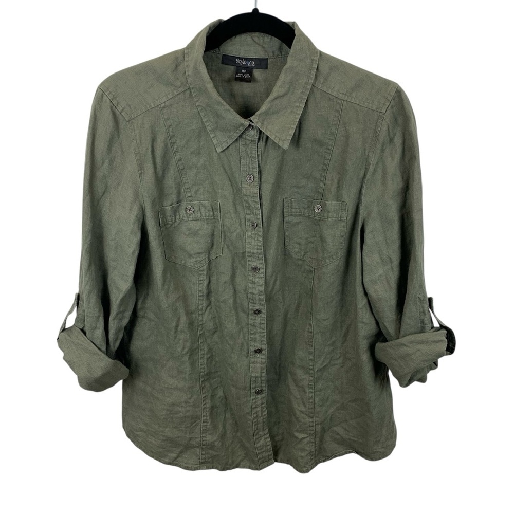Vintage Style & Co. sz 16P Army Olive Green Linen Blouse Roll Tab Sleeve Shirt